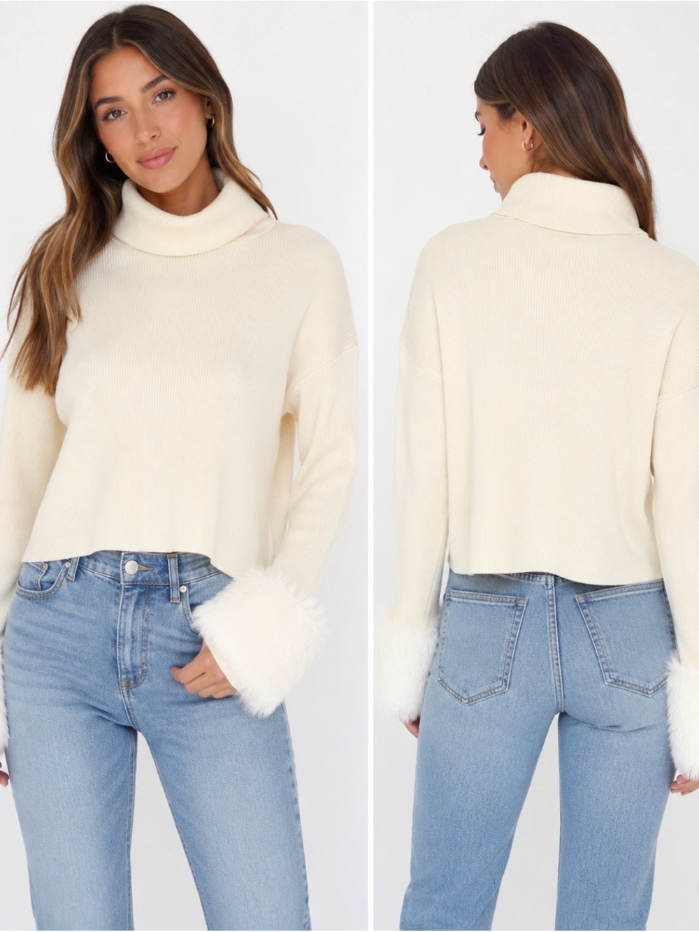 WAYF Ivory Ribbed Turtleneck Sweater Faux Fur Cuff Sleeves Size Medium